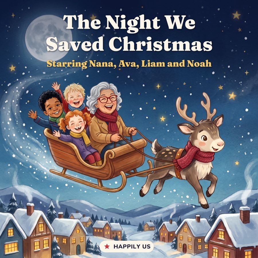 Sample cover: a grandmother and three grandchildren flying in a reindeer sled over a snowy town